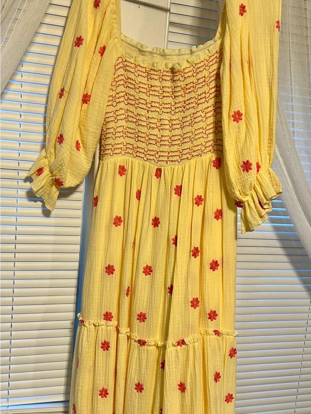 Yellow Smocked Maxi Dress with pinkish-red  Floral Embroidery - Picture 4 of 14